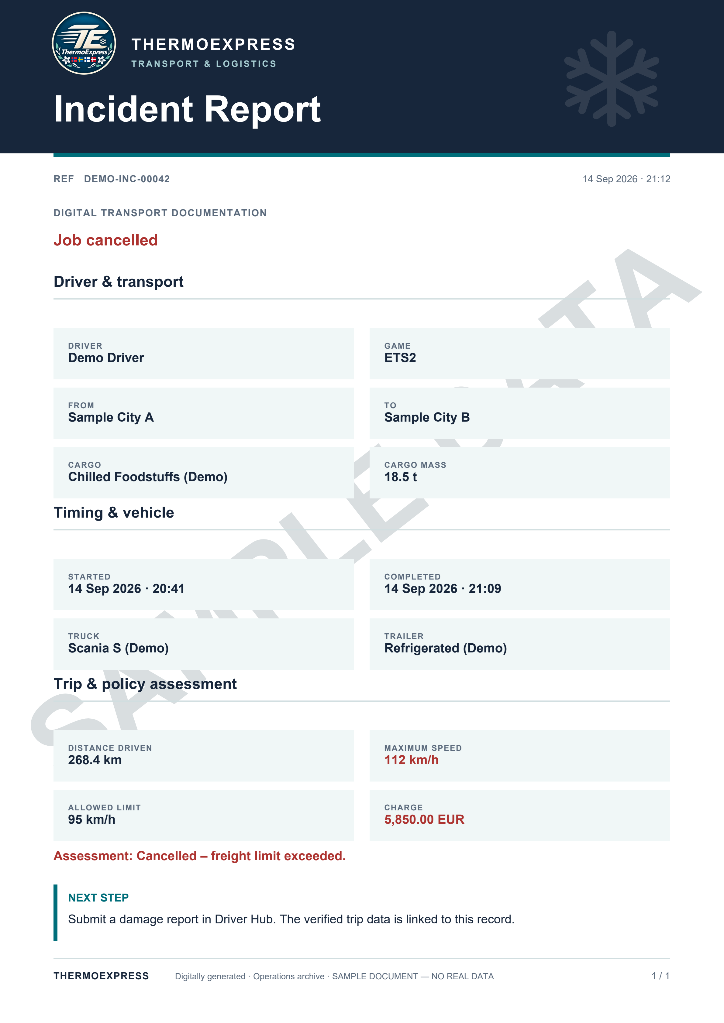 Sample ThermoExpress incident report showing a 95 km/h freight speed violation, in English, with fictional demonstration data