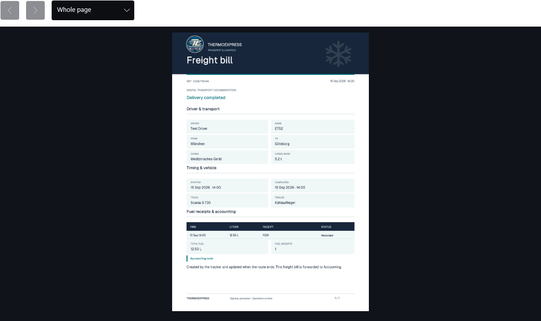 ThermoExpress example freight bill with demonstration data