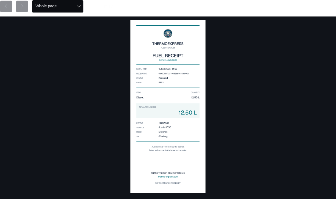 ThermoExpress example fuel receipt with demonstration data